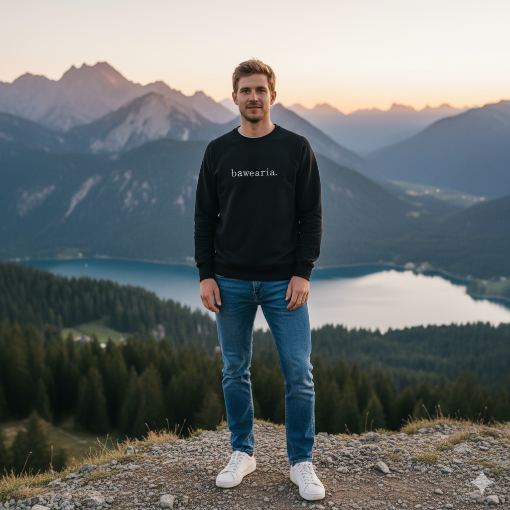 Mann steht auf einem Berggipfel mit Blick auf einen See und trägt ein schwarzes bawearia Sweatshirt mit weißer Logo-Stickerei vor einer malerischen Bergkulisse.