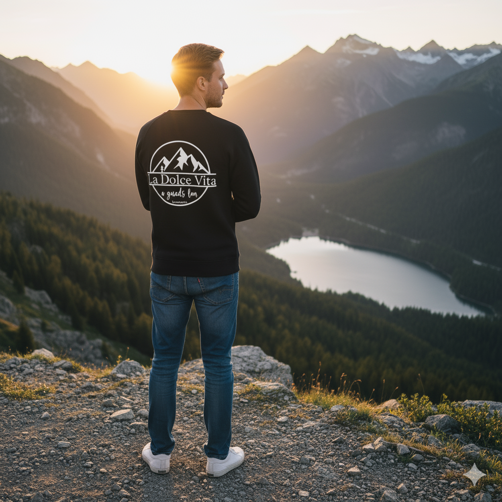 Mann steht bei Sonnenuntergang auf einem Felsen mit Blick auf einen Bergsee und trägt ein schwarzes Sweatshirt mit dem weißen Rückenprint "La Dolce Vita - a guads Lem"