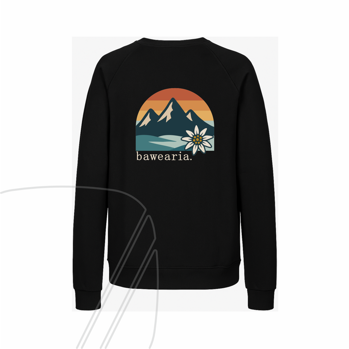 Rückseite eines schwarz Sweatshirts mit buntem Retro-Rückenprint, der eine Berglandschaft im Sonnenuntergang, ein Edelweiß und den "bawearia"-Schriftzug zeigt