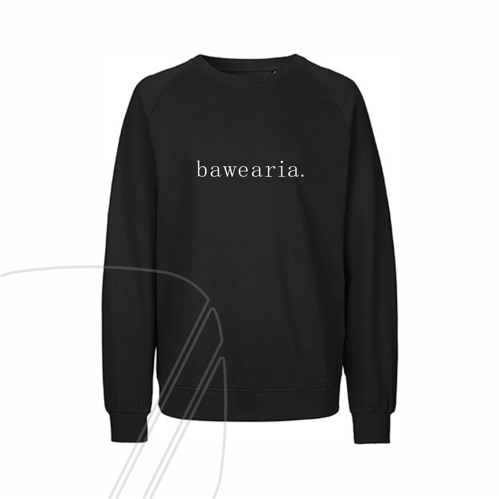 Vorderansicht eines schwarzen bawearia Sweatshirts mit minimalistischer weißer Logo auf der Brust.