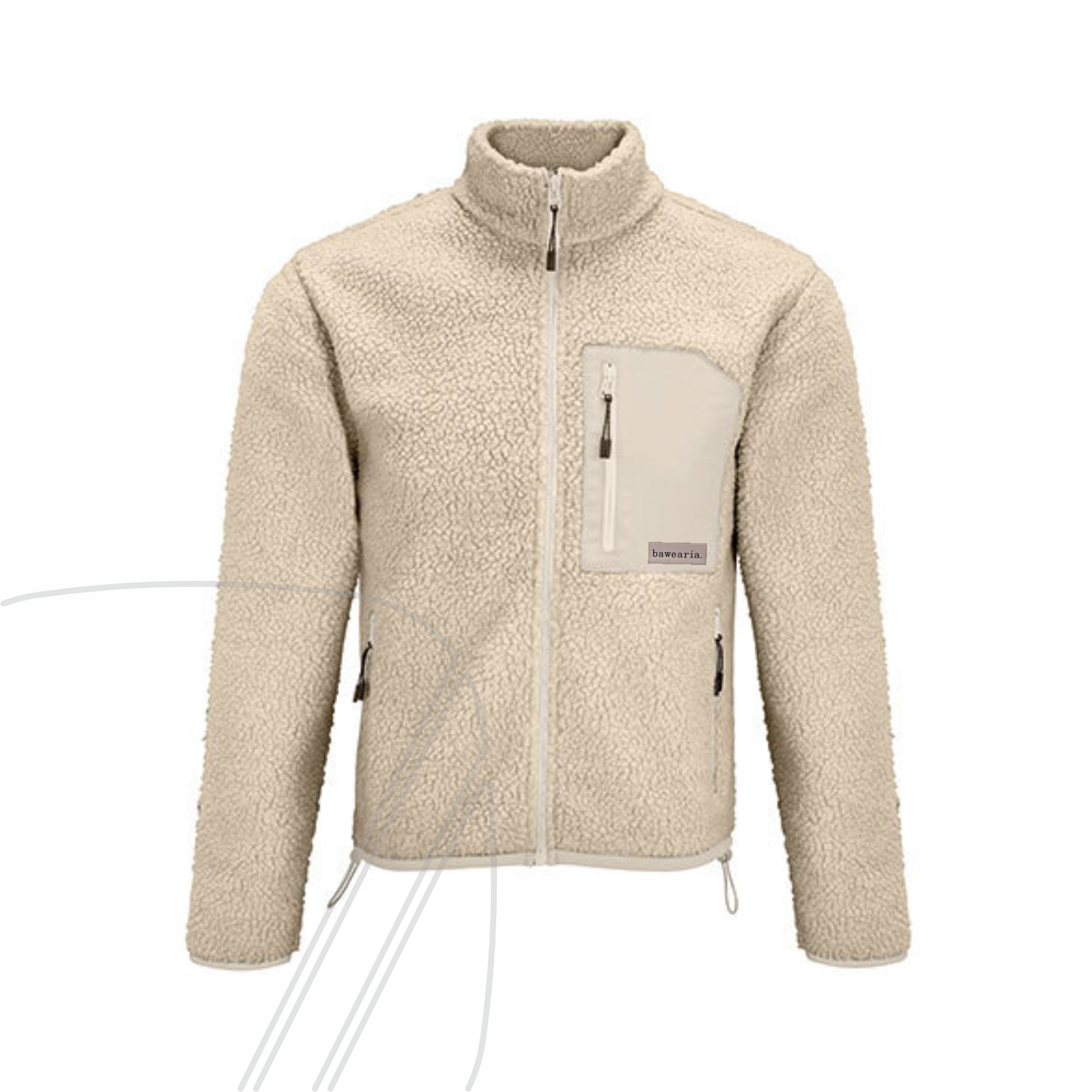 Vorderseite einer beigen Teddy-Fleece-Jacke mit hohem Kragen, Reißverschluss und einer Brusttasche mit bawearia-Logo-Patch