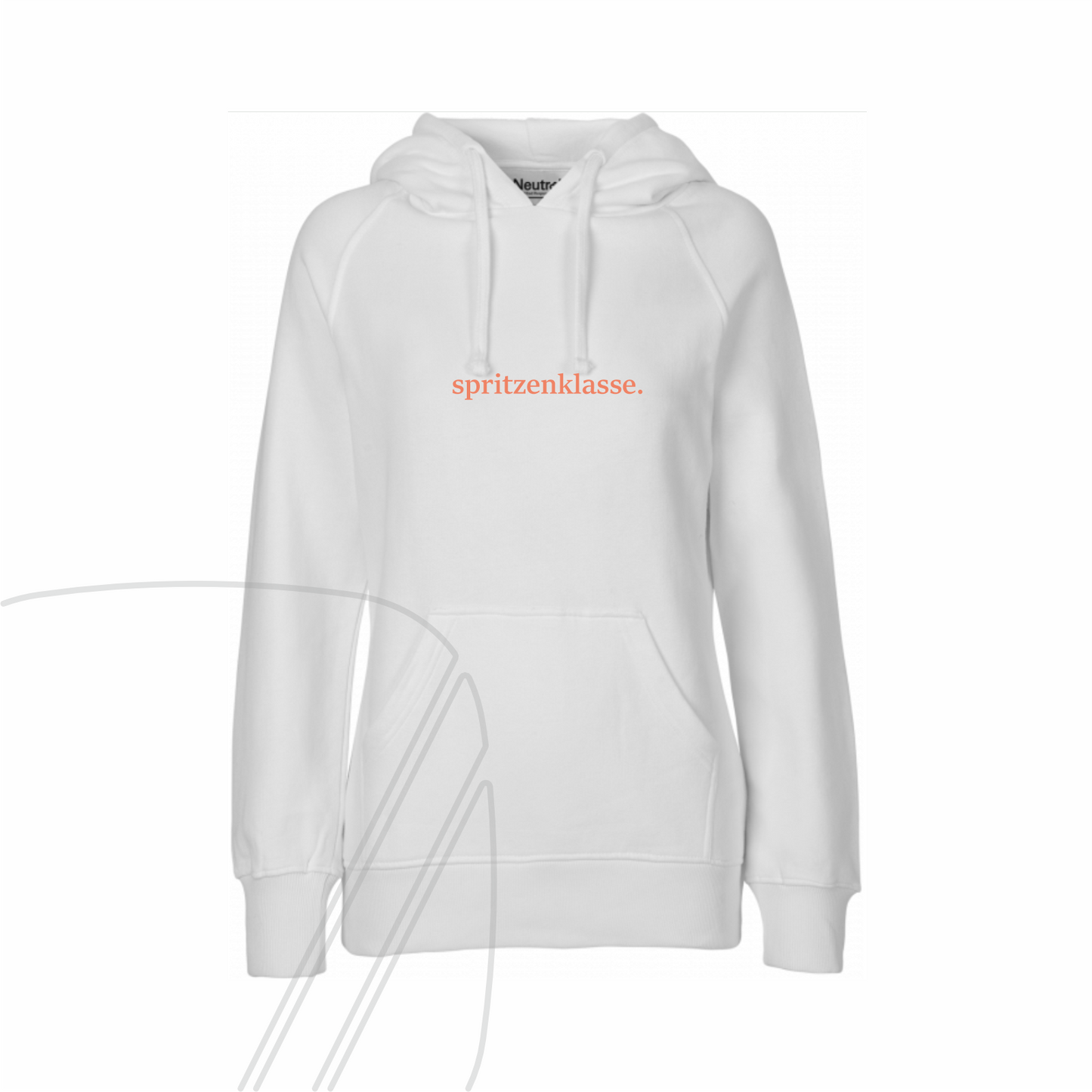 Freigestelltes Produktfoto eines weißen Damen-Hoodies mit dem orangenen Schriftzug "spritzenklasse." auf der Brust.