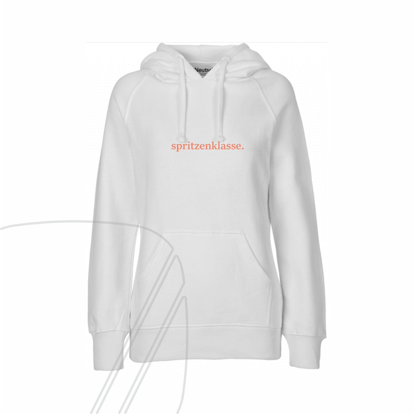 Freigestelltes Produktfoto eines weißen Damen-Hoodies mit dem orangenen Schriftzug "spritzenklasse." auf der Brust.