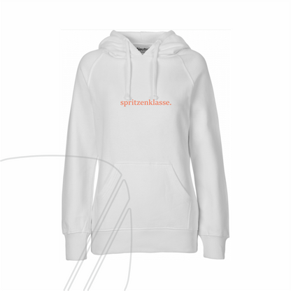 Freigestelltes Produktfoto eines weißen Damen-Hoodies mit dem orangenen Schriftzug "spritzenklasse." auf der Brust.