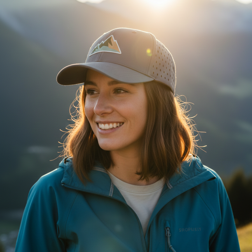 Frau trägt eine graue, atmungsaktive Wanderkappe mit Berg-Stickerei im warmen Licht des Sonnenuntergangs in den Bergen.