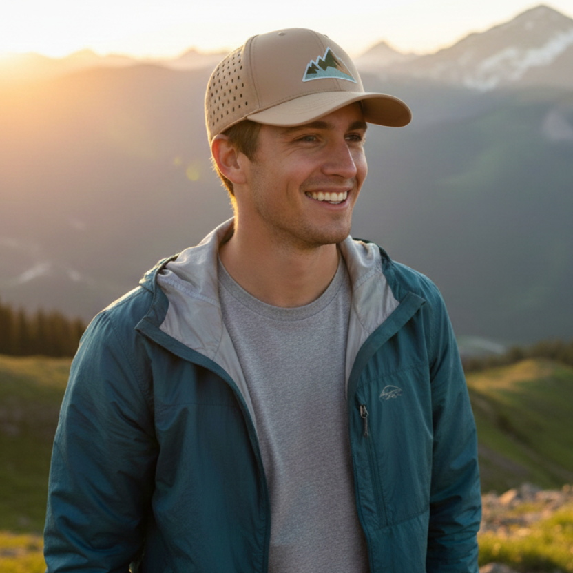Lächelnder Mann trägt eine beige, atmungsaktive Wanderkappe mit Berg-Logo vor einer bergigen Landschaft bei Sonnenuntergang.