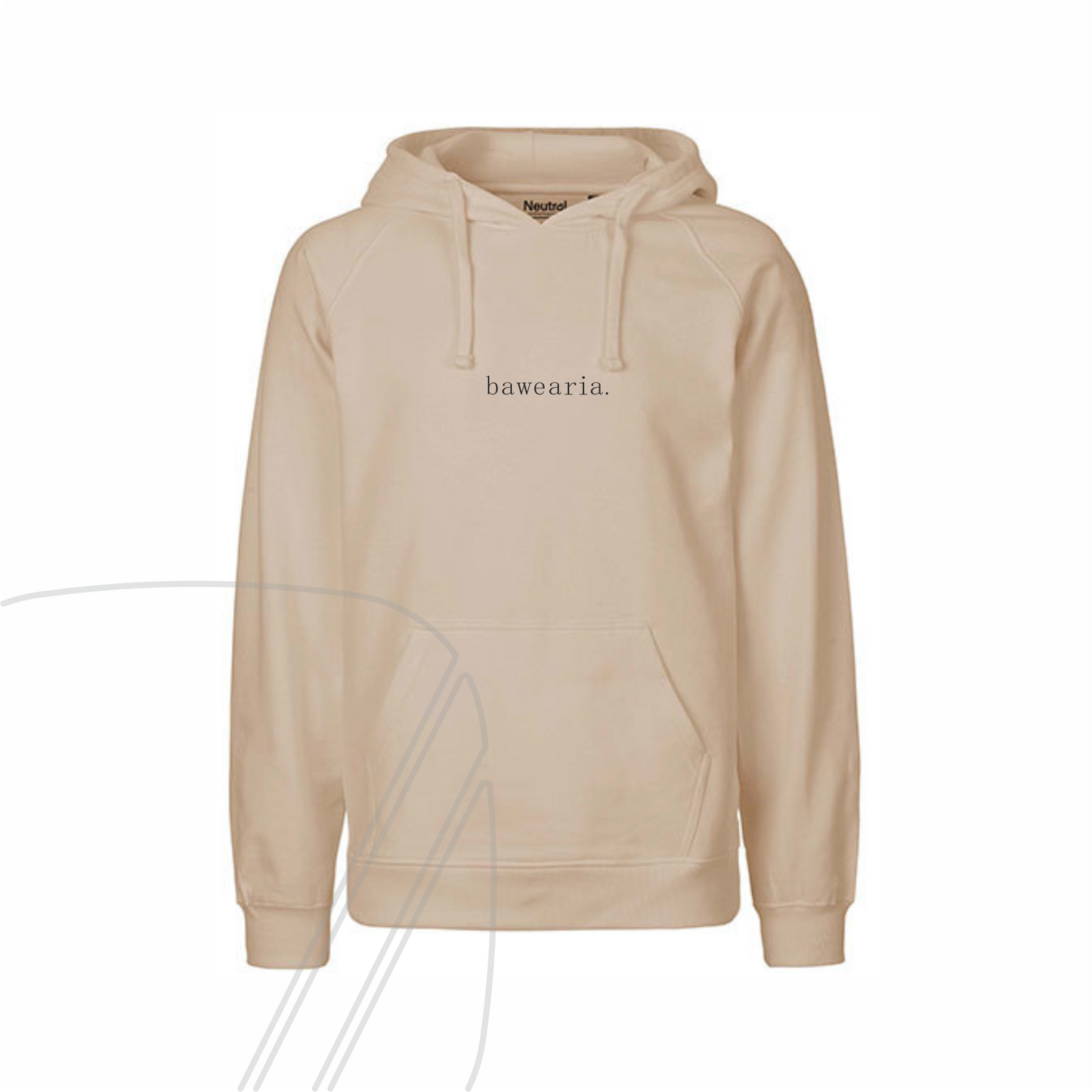 Vorderseite eines beigen Hoodies mit Kapuze, Kängurutasche und minimalistischem "bawearia"-Schriftzug mittig auf der Brust