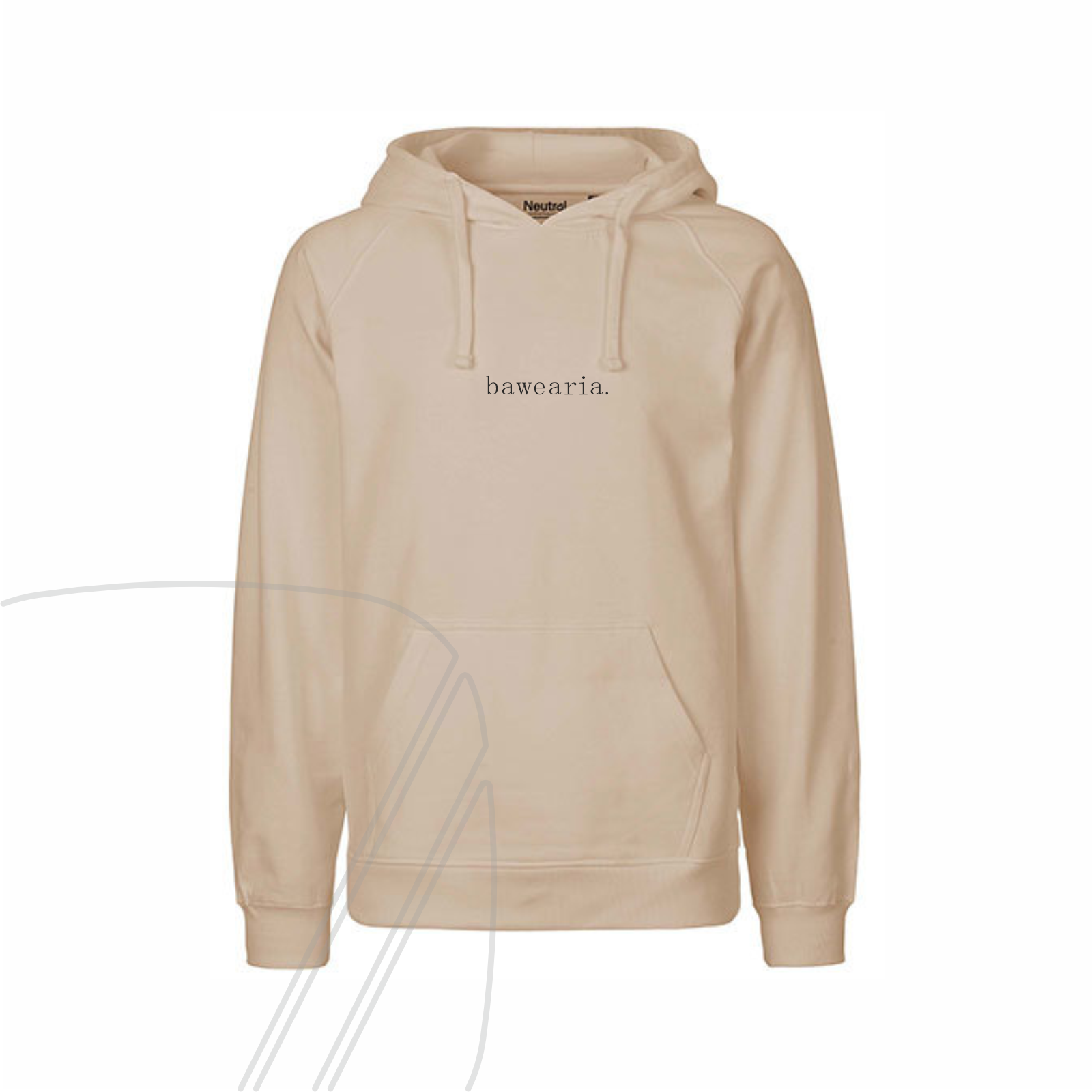 Vorderseite eines beigen Hoodies mit Kapuze, Kängurutasche und minimalistischem "bawearia"-Schriftzug mittig auf der Brust