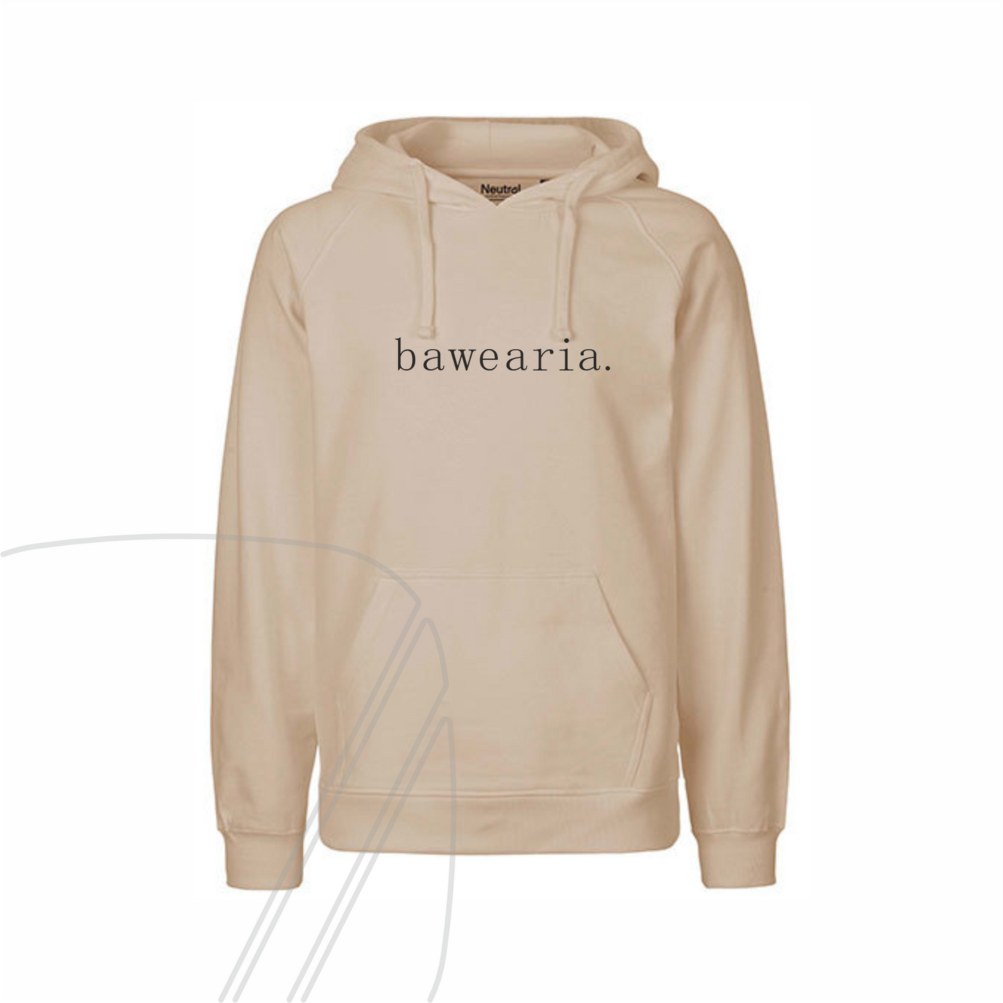 Vorderseite eines beigen Hoodies mit Kapuze, Kängurutasche und minimalistischem "bawearia"-Schriftzug mittig auf der Brust