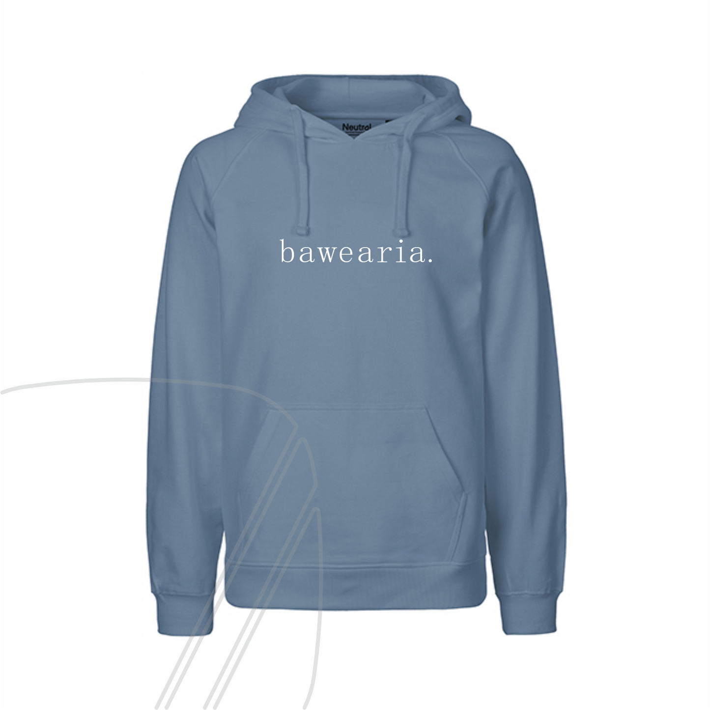 Vorderseite eines blauen Hoodies mit Kapuze, Kängurutasche und minimalistischem "bawearia"-Schriftzug mittig auf der Brust